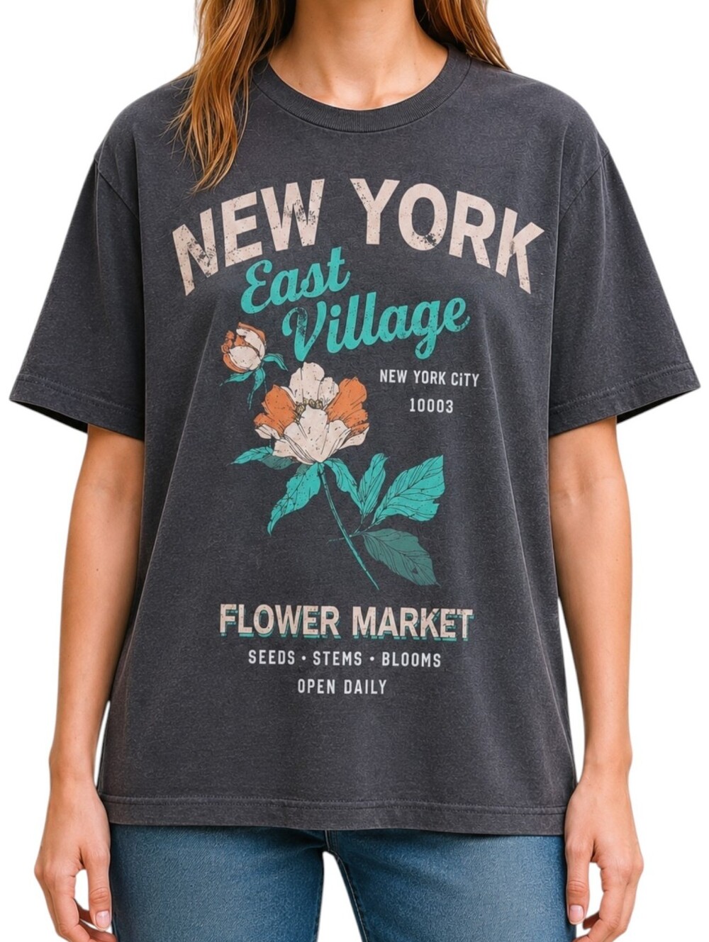 New York Graphic Tee Flower Market Oversized Threads of Luxx L